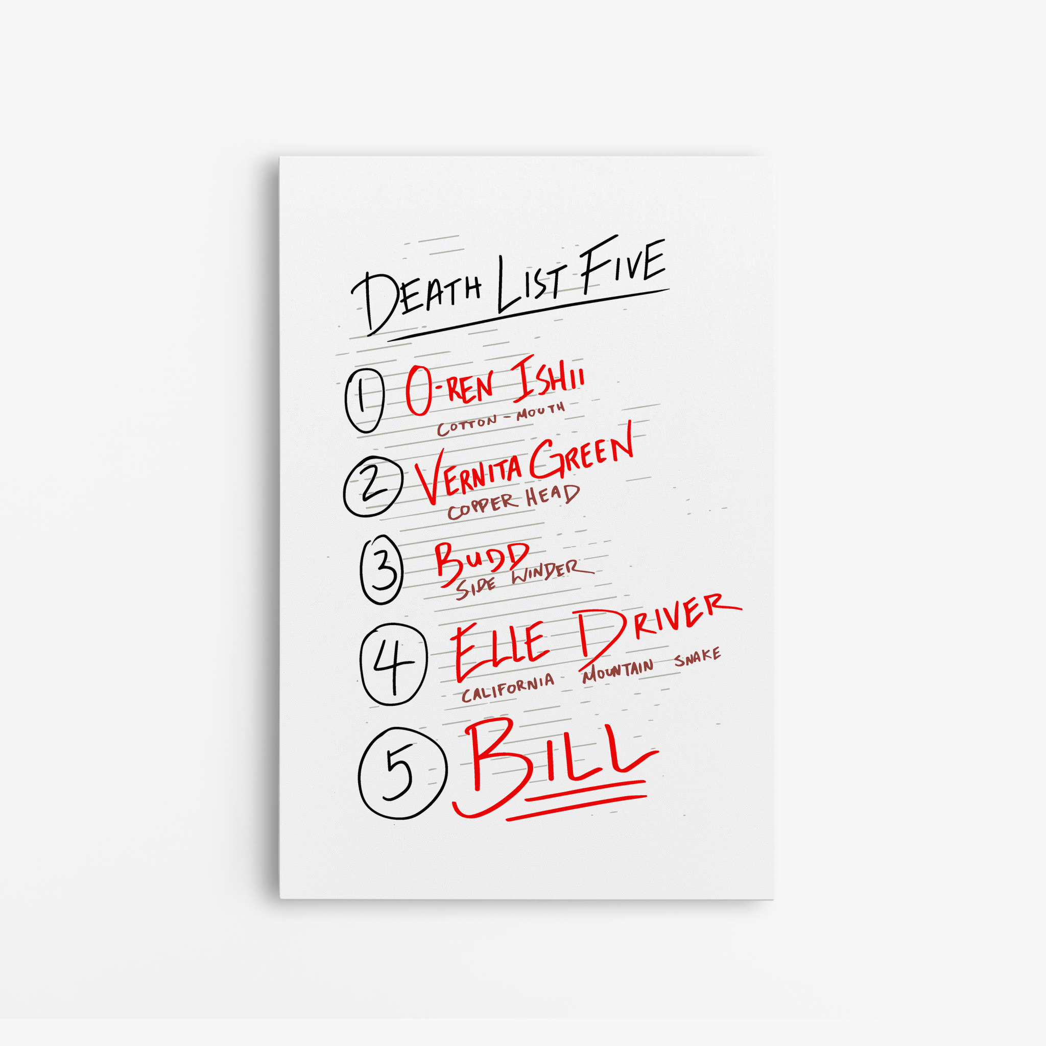 Death List Five Tarantino - Canvas Art - The Films Point