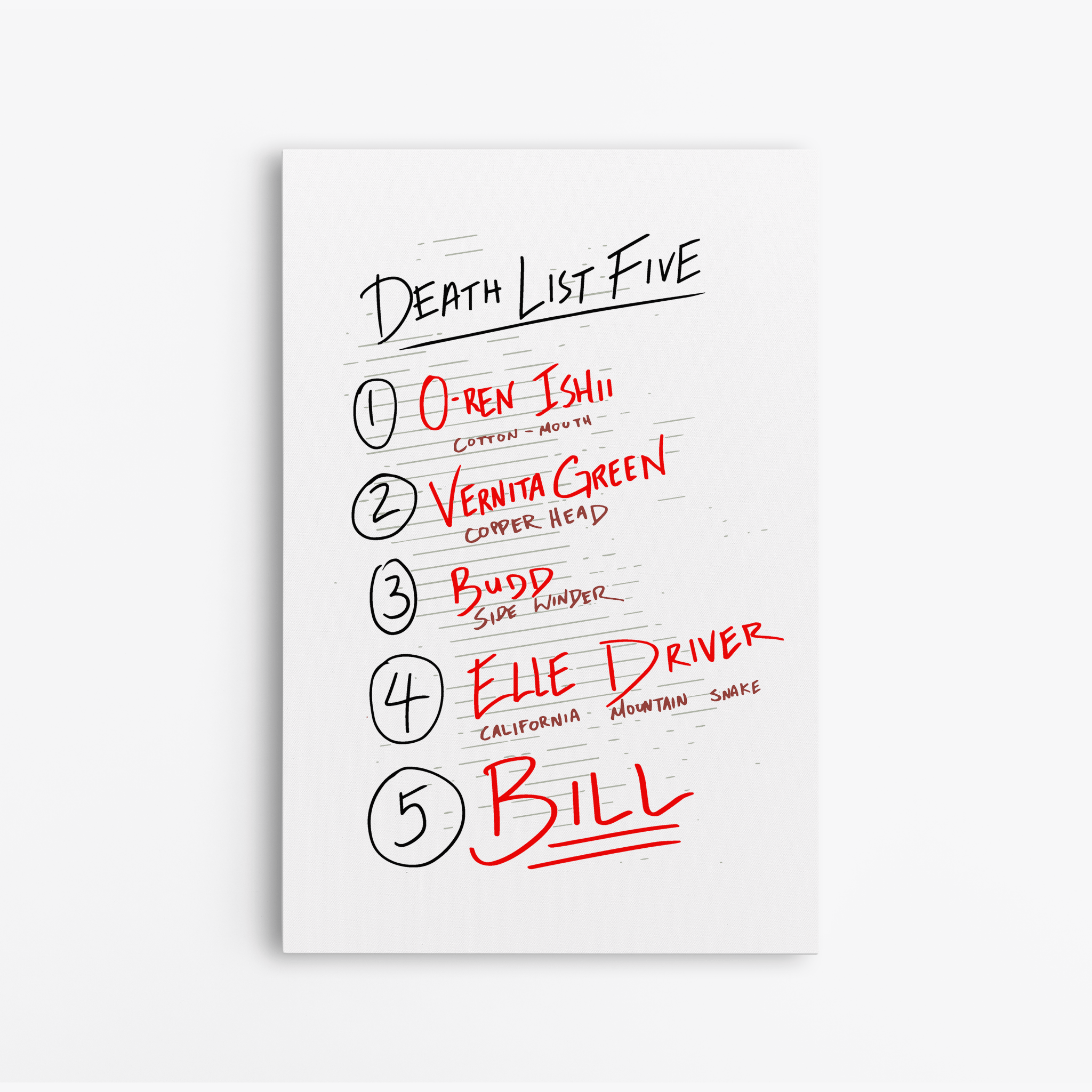 Death List Five Tarantino - Canvas Art - The Films Point