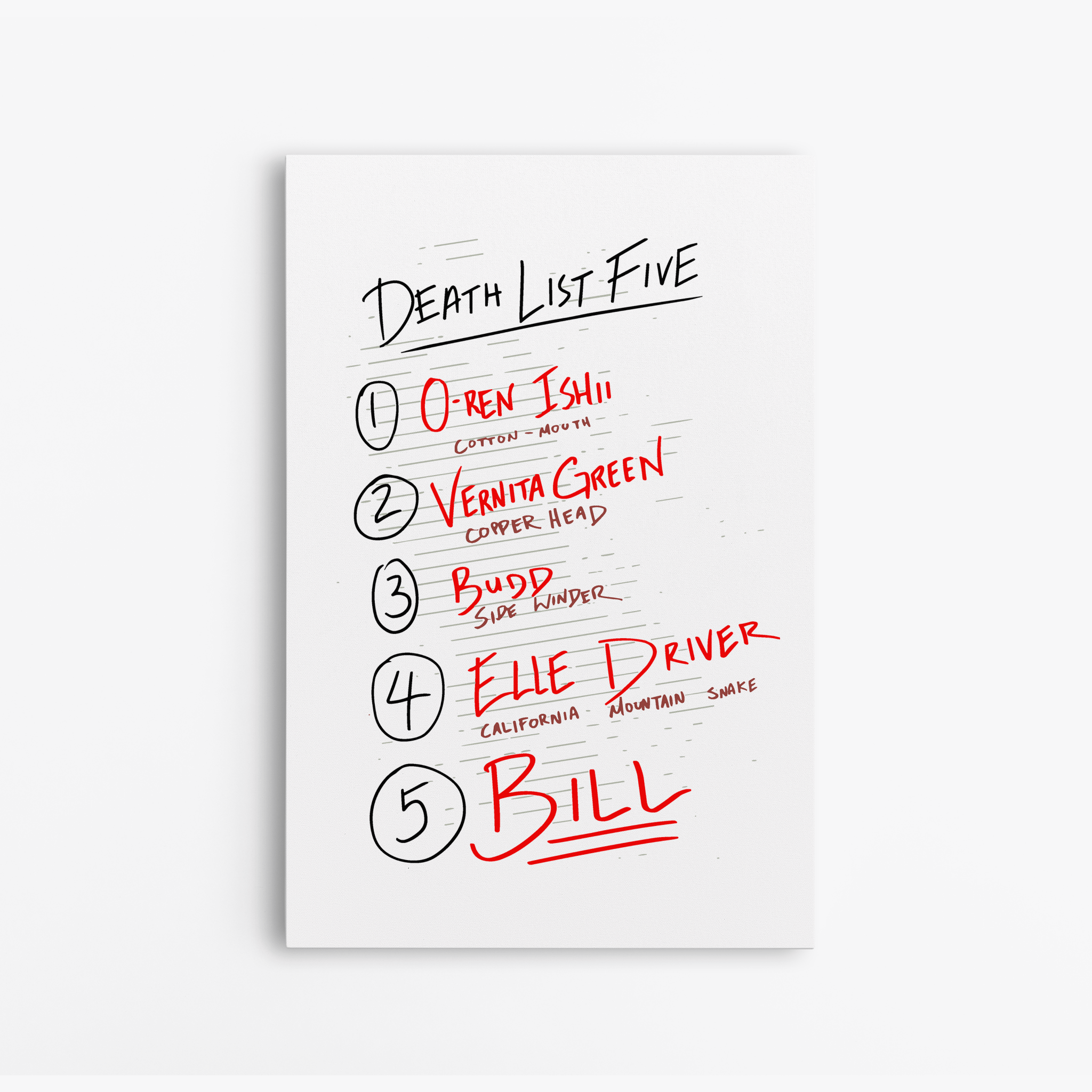 Death List Five Tarantino - Canvas Art - The Films Point