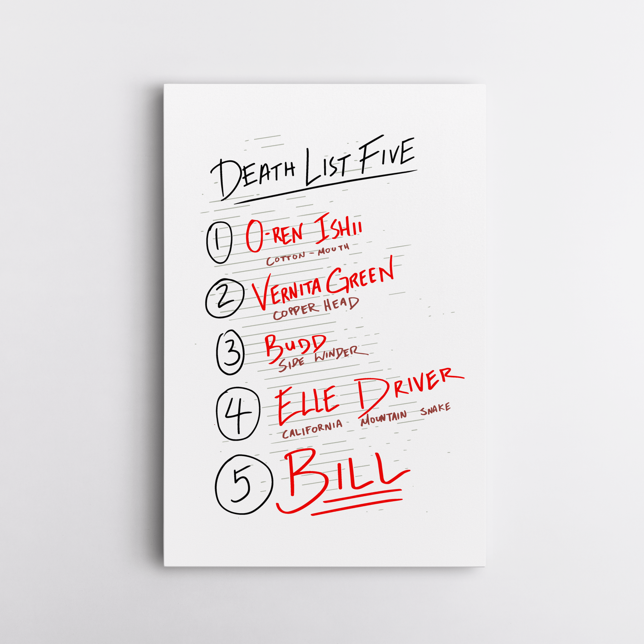 Death List Five Tarantino - Canvas Art - The Films Point